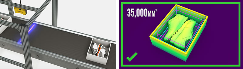3D-L4000 camera scanning shoes boxes on conveyor belt and screenshot from inspection software