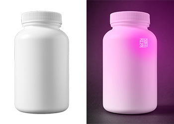 2D Data Matrix code on plastic bottle illuminated with UV lighting