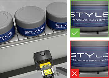 Vision system inspecting labels on cosmetic containers for bubbles, creases, or tears as they pass by on a conveyor system.