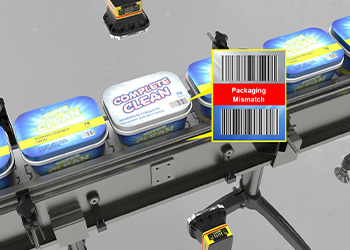 Machine vision cameras decode product codes to verify packaging components match