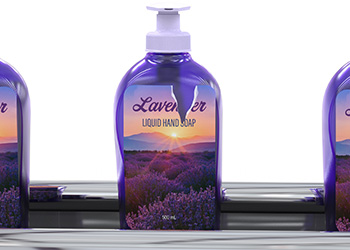Ripped label on lavender soap bottle