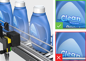 Machine vision camera checking laundry detergent containers for skewed labels