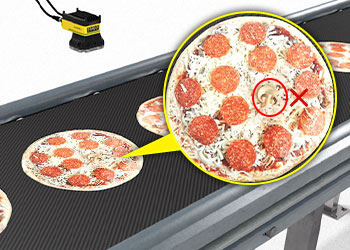 Sistema de visión inspeccionando una pizza en busca de defective(坏的)