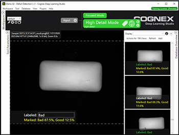 VisionPro深度学习使用Green Classify High Definition Mode工具来定位口香糖碎片上的缺陷和其他不需要的表面异常。