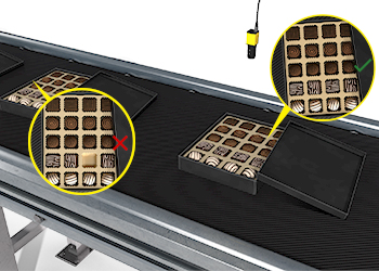 具有深入学习的工业相机检查混合巧克力盒，以确保正确的巧克力在正确的斑点。