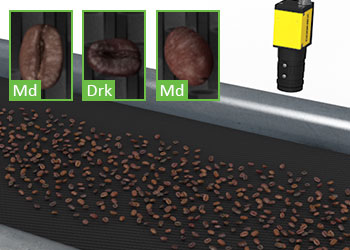 Sistema de visión clasificando granos de café en banda transportora