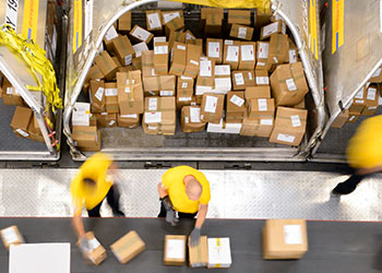 Two workers inbound sorting packages