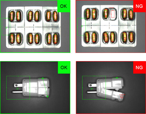 vision tools identify good and bad pill blister packets and charger assembly