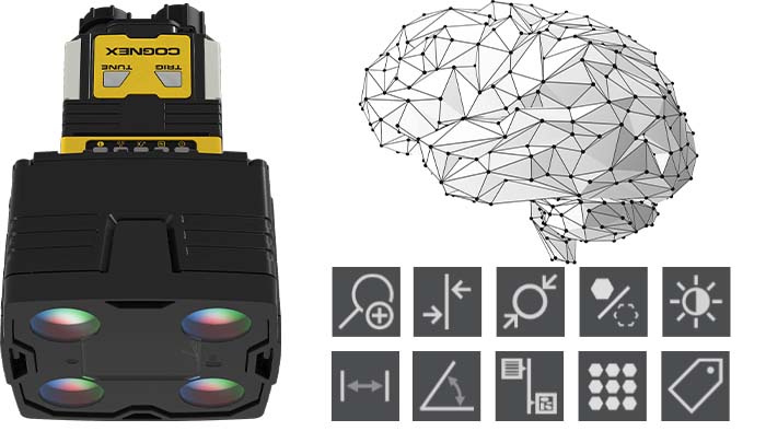 In-Sight 2800视觉传感器，带有连接点和软件图标的大脑
