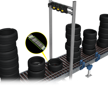 轮胎通过头顶上的条形码阅读器
