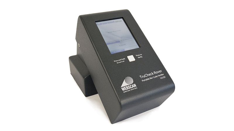 Webscan TruCheck Rover barcode verifier with integrated lighting, a rechargeable battery, and a touchscreen